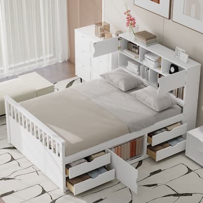 Full Size Storage Platform Bed Captain Bed with 4 Drawers and Storage Headboard, Wood Slats Support No Box Spring Needed