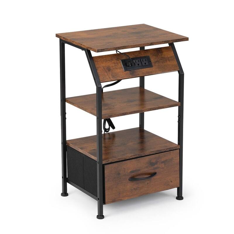 Vintage Nightstand with Charging Station, Remote Control LED Lights