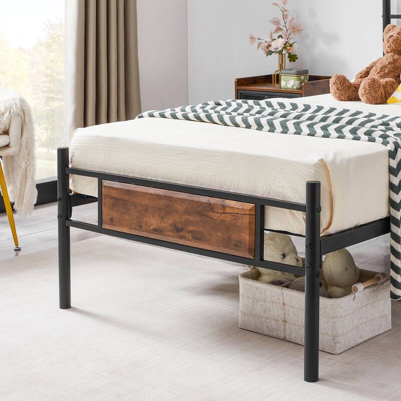 VECELO Industrial Bed Frame with Wood Headboard,Twin/Full/Queen Size Bed, Black/Brown/Slate-3 colors