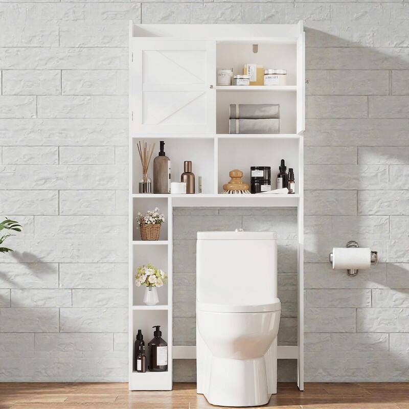 Over-the-Toilet Storage Cabinet, Freestanding Bathroom Space Saver with Adjustable Shelf, Double Doors and Open Shelves