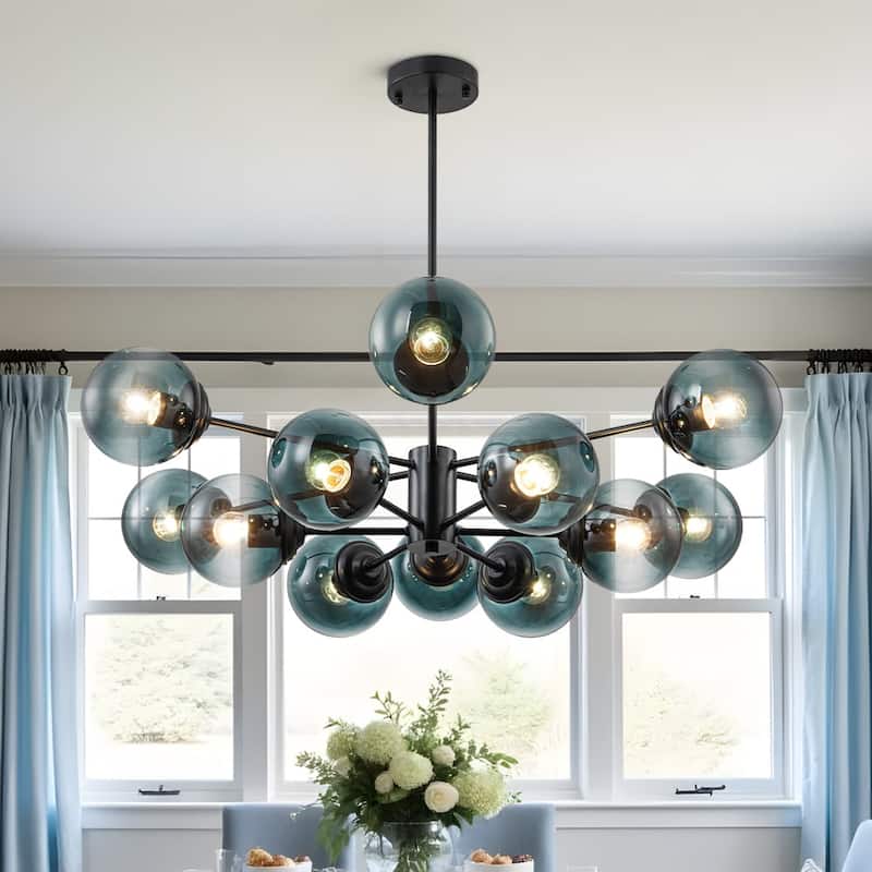 Mid-Century 12-Light Sputnik Blue Glass Bubble Chandelier 35.4in - Black