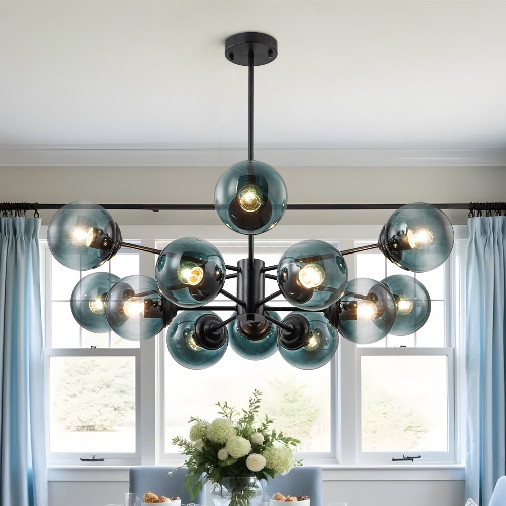 Mid-Century 12-Light Sputnik Blue Glass Bubble Chandelier 35.4in