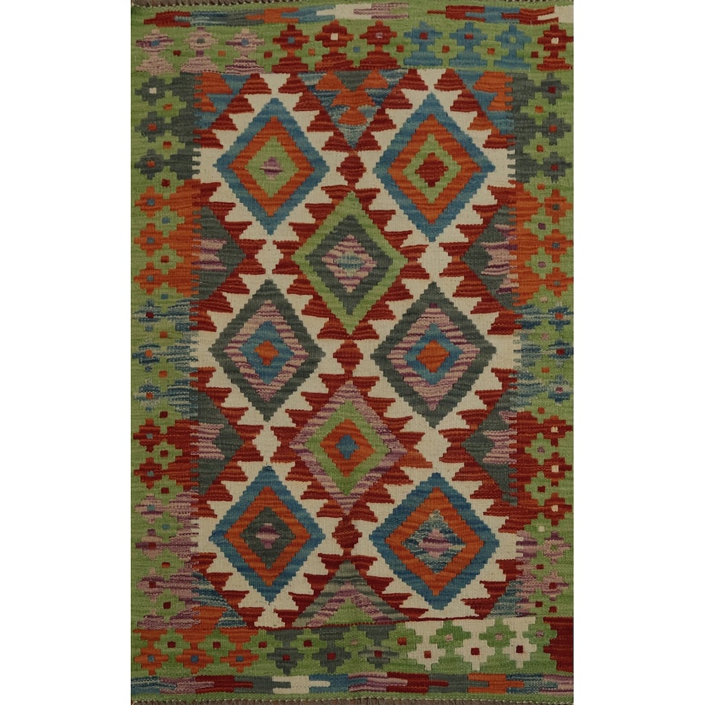 Hand Woven Oriental 100% Wool Carpet Southwestern Tribal Multi-Colored Kilim Area Rug - 3' 11'' X 2' 9''