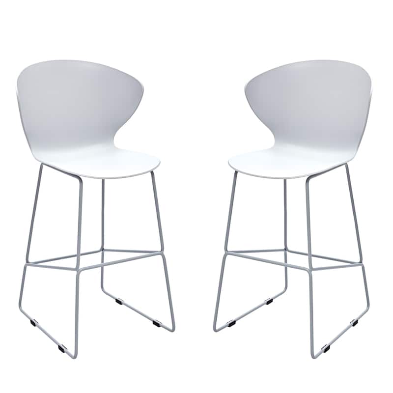 HomeRoots Set of Two 26" White and Silver Heavy Duty Plastic and Metal Low Back Counter Height Bar Chairs