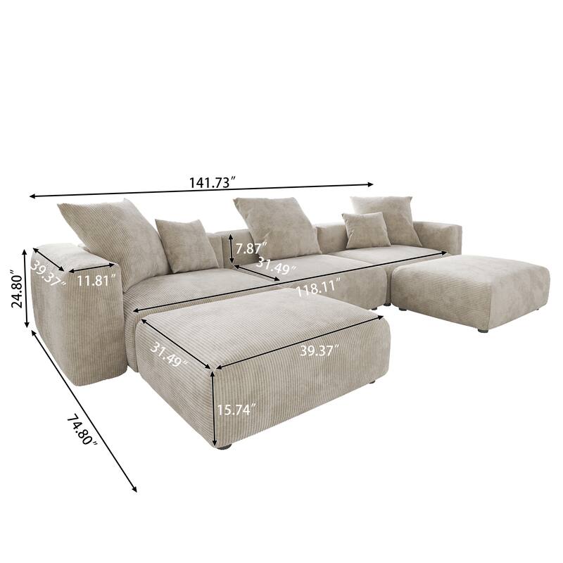 141''Modular Sectional Sofa, Corduroy 5 Seater Upholstered Sofa Couch with 5 Pillows, Convertible Couch Deep Seat Couches