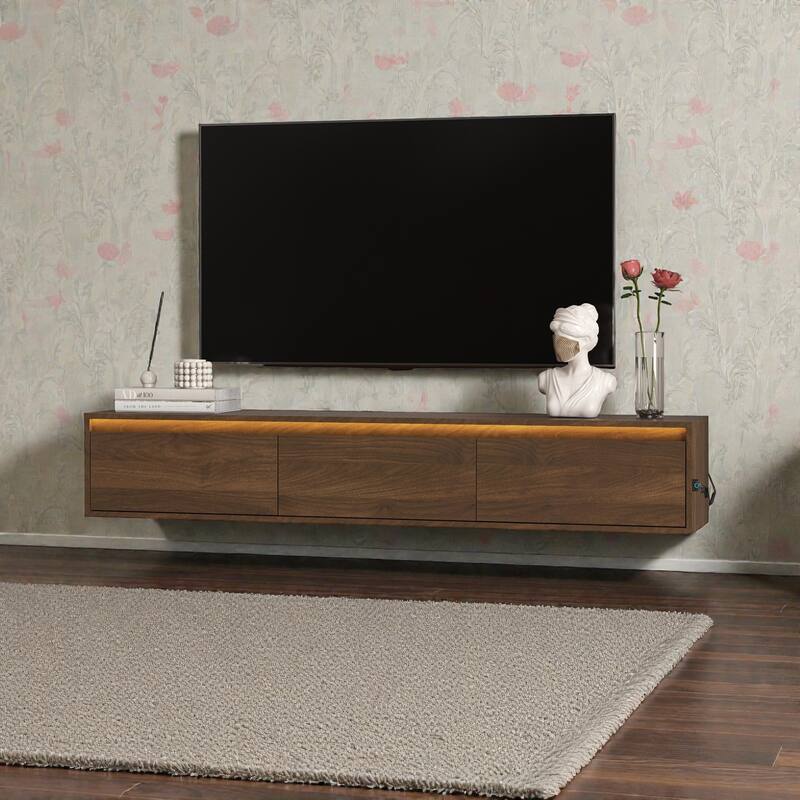 Floating TV Stand with LED Lights & Power Outlet, Wall Mounted High Gloss TV Cabinet with Storage and USB Ports