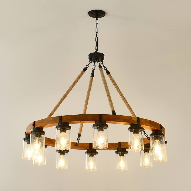 12-Light Rustic Wagon Wheel Chandelier,39Wooden Pendant Light with Seeded Glass Shade,SolidWood Design-NO INCLUDED BULBS