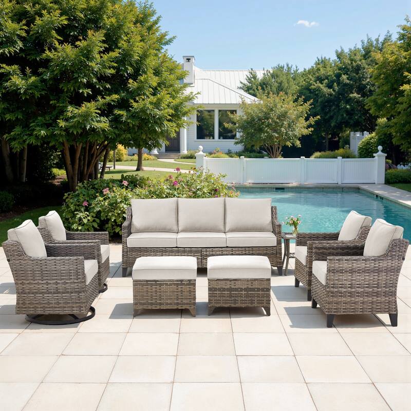 Pocassy Outdoor All-Weather Outdoor Sofa, Swivel Chair, Ottoman Sets - Grey Wicker Beige Cushion - 8 Pieces Sofa Chair Table with Ottoman