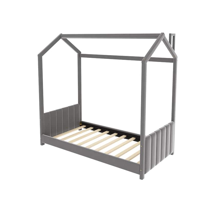 Twin Size House Bed Velvet Platform Bed with Roof and Pine Frame