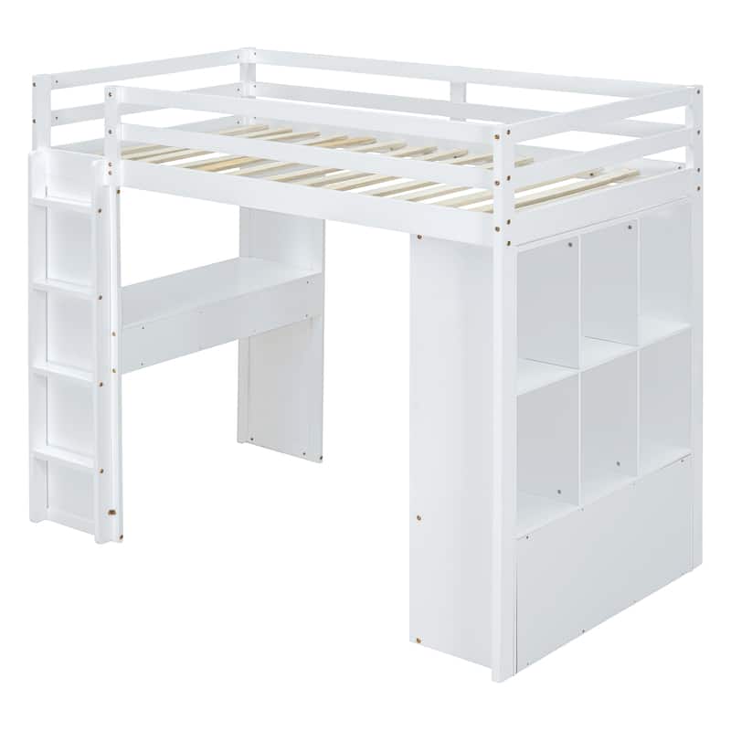 Twin Size Loft Bed with Large Shelves, Writing Desk and LED Light, White
