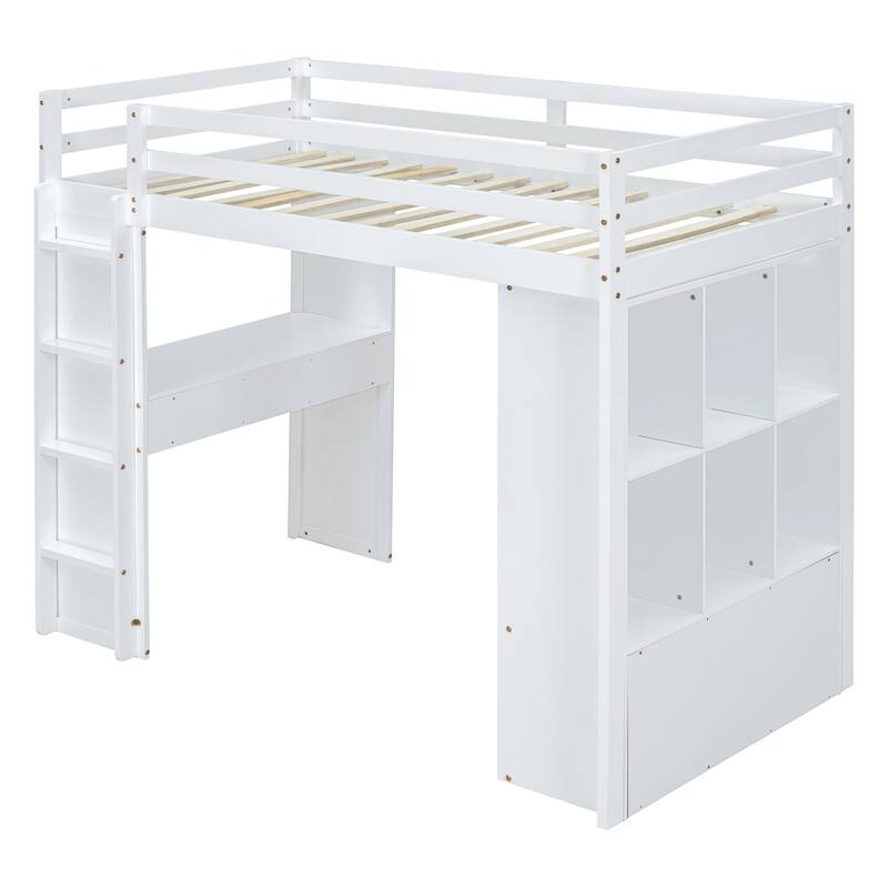 White Full Size Loft Bed with Shelves, Desk, and LED Light