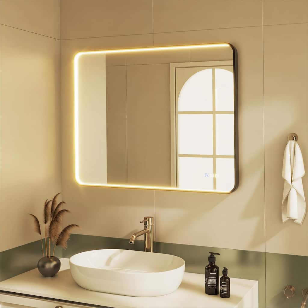 Organnice Rectangular LED Aluminum Black Framed Light Rounded Wall Mirror with Front Light