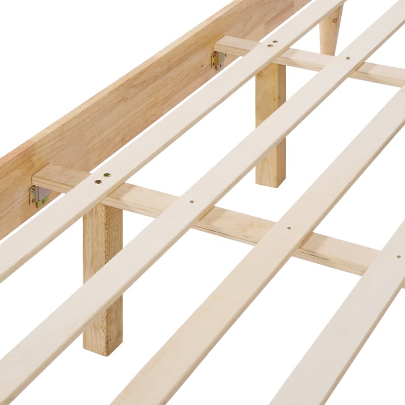 Solid Wood Bed Frame with Panel Upholstered Headboard Mid-Century Modern Platform Bed with Durable Wooden Slats, Easy Assembly