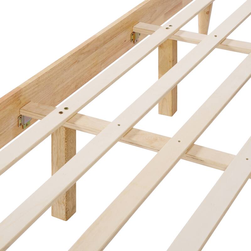 Solid Wood Platform Bed Frame with Ivory Fleece Upholstered Headboard, Wood Slats Support and Center Wood Legs