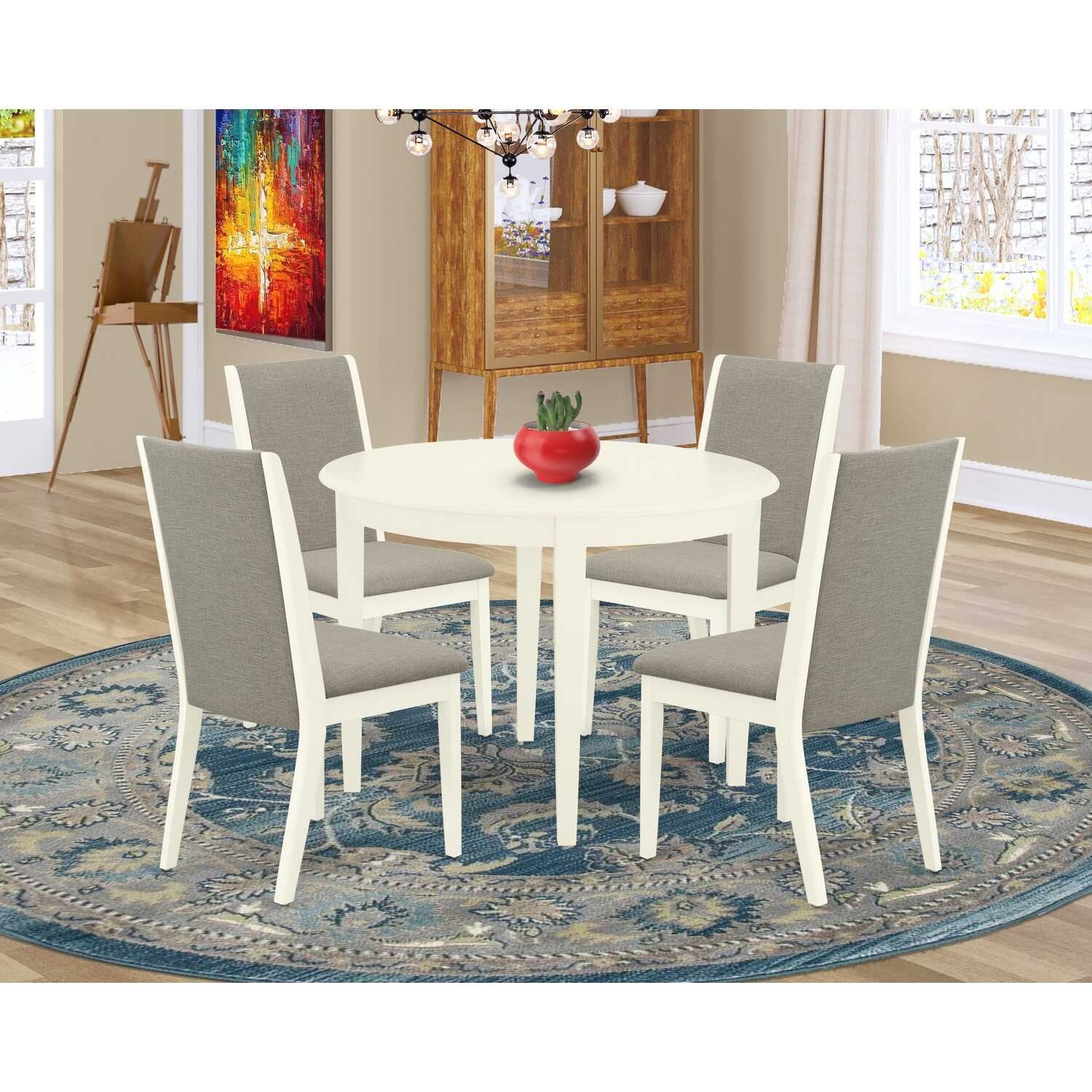 5-Piece Linen white Solid Wood Top - Round Dining Room Set - Seats 4