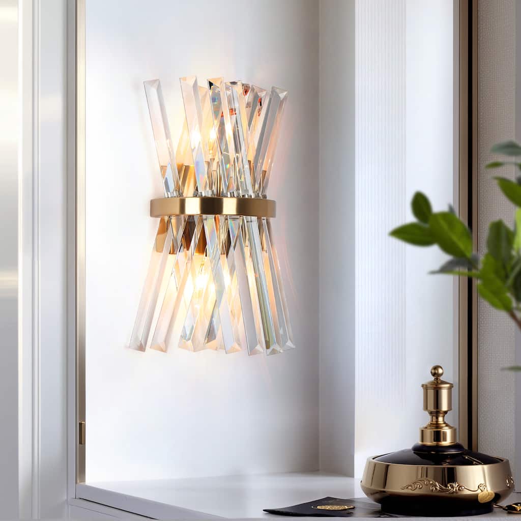 Modern Gold Crystal 2-Light Wall Sconces Glam Bathroom Vanity Lights - 8" W x 13" H x 4.5" D