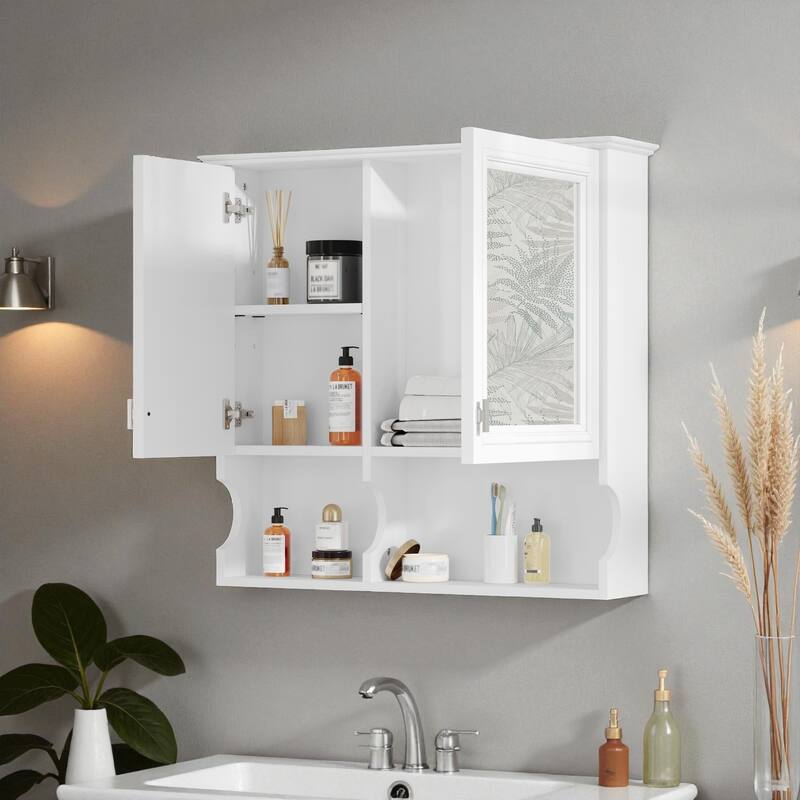 30" Wall Mounted Mirror Medicine Cabinet with Adjustable Shelf, Bathroom Storage Cabinet with Doors and Open Shelves