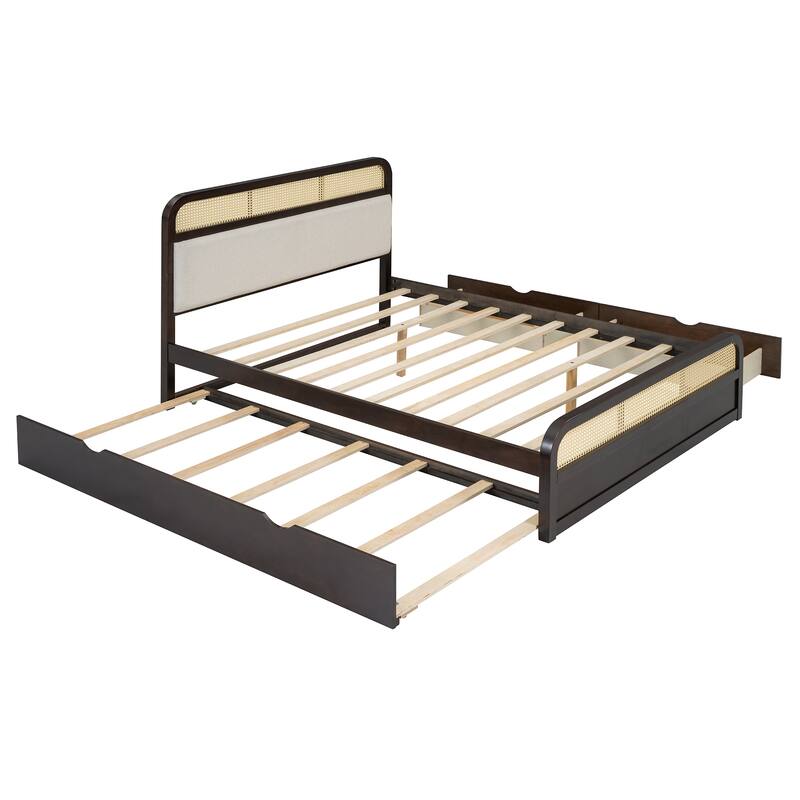 Queen size Wooden Platform Bed with Twin Trundle and 2 Storage Drawers, Classic Rattan Bed Frame with Upholstered Headboard