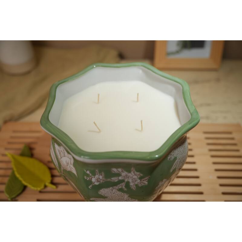 8in GN Chinoiserie Ceramic Candle (61 oz) - Bamboo