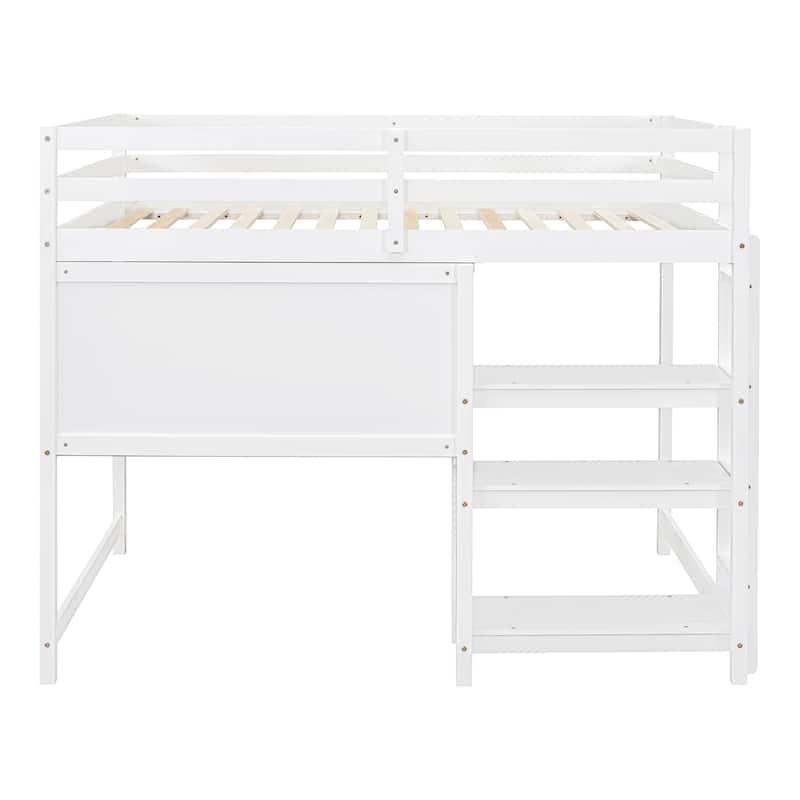 Full Size Wooden Loft Bed with Desk, Shelves, and Writing Board
