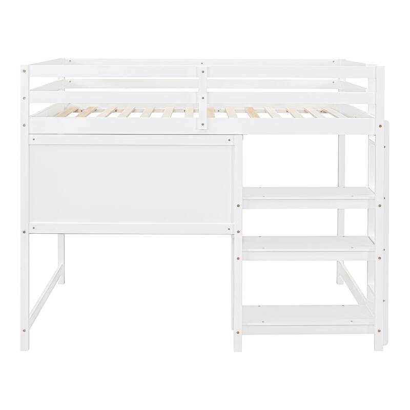 Full Size Wooden Loft Bed with Shelves, Desk, and Writing Board in White