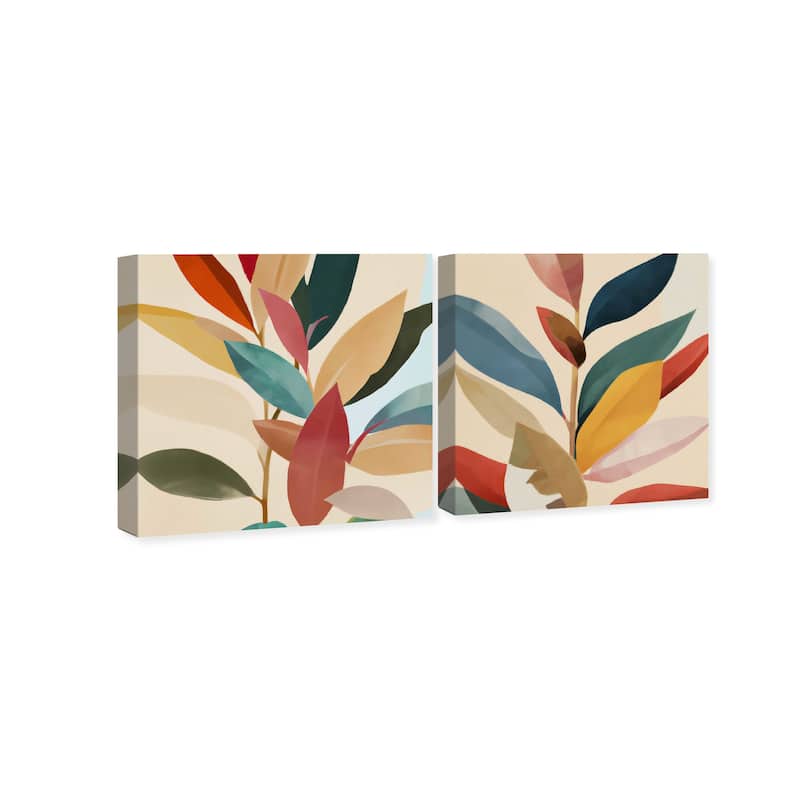 Wynwood Studio Canvas Floral and Botanical Leafs in Color SET Yellow and Dark Red Tropical Wall Art Canvas Print