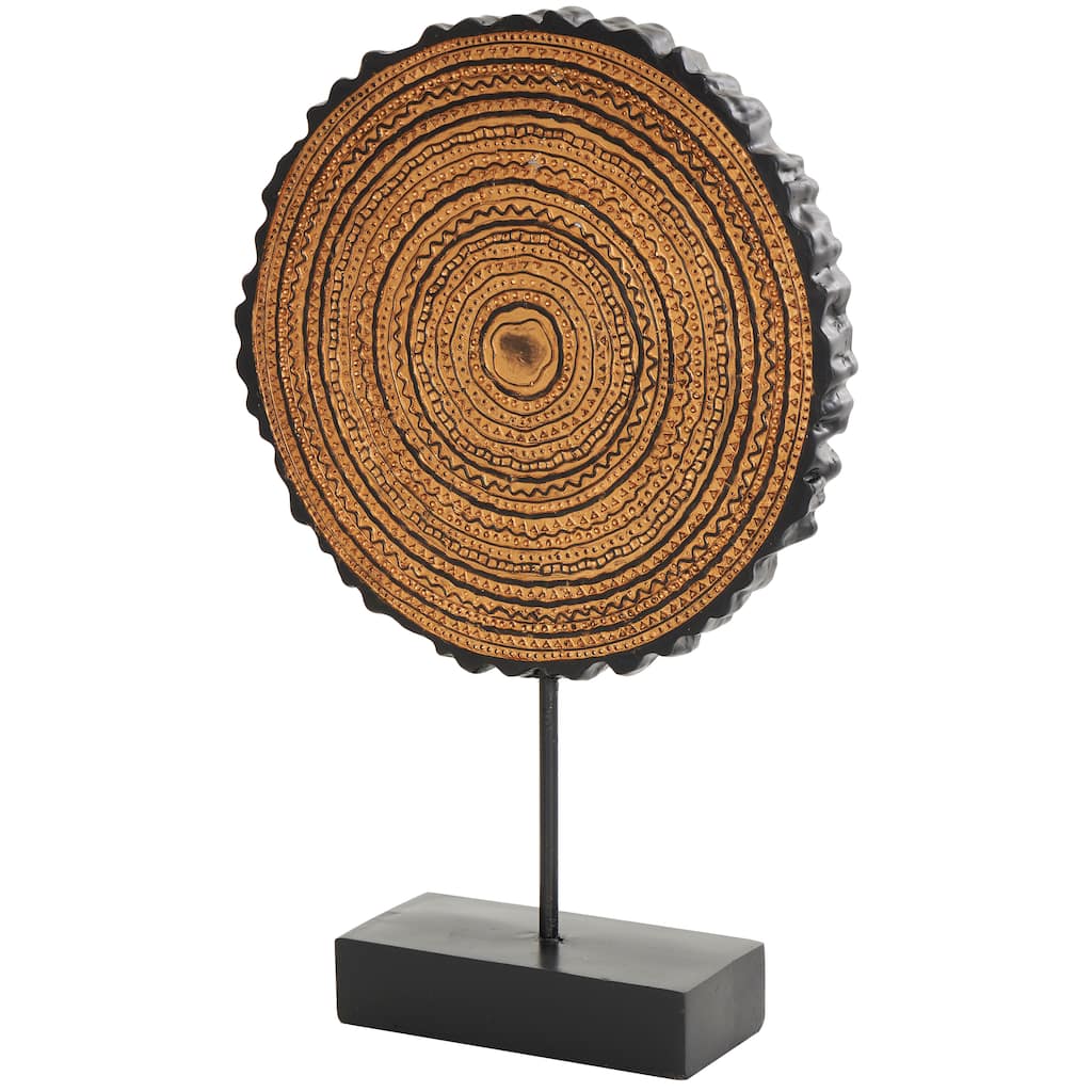 Metal Tribal Carved Circular Sculpture with Black Stand and Wavy Edge - Brown - Roche River Decor - 3"W x 11"L x 17"H