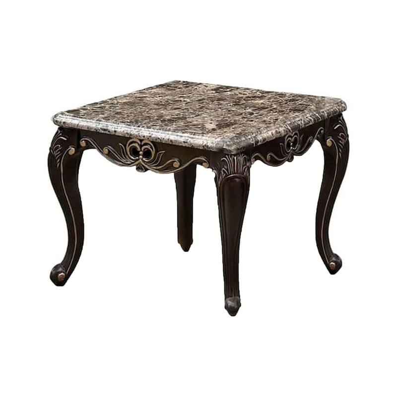 Ery End Table, Dark Walnut Brown Wood, Carved Details, 28 Inch