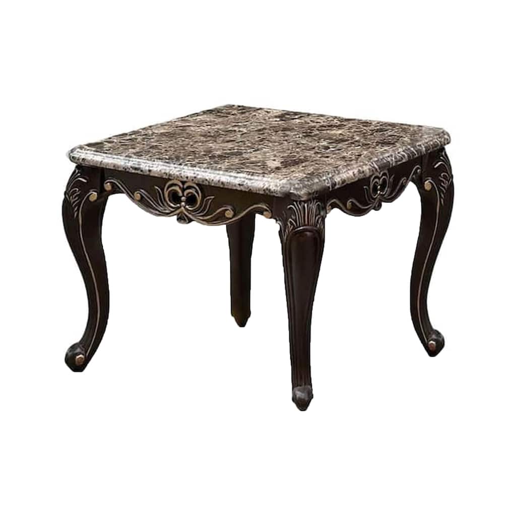 Ery End Table, Dark Walnut Brown Wood, Carved Details, 28 Inch