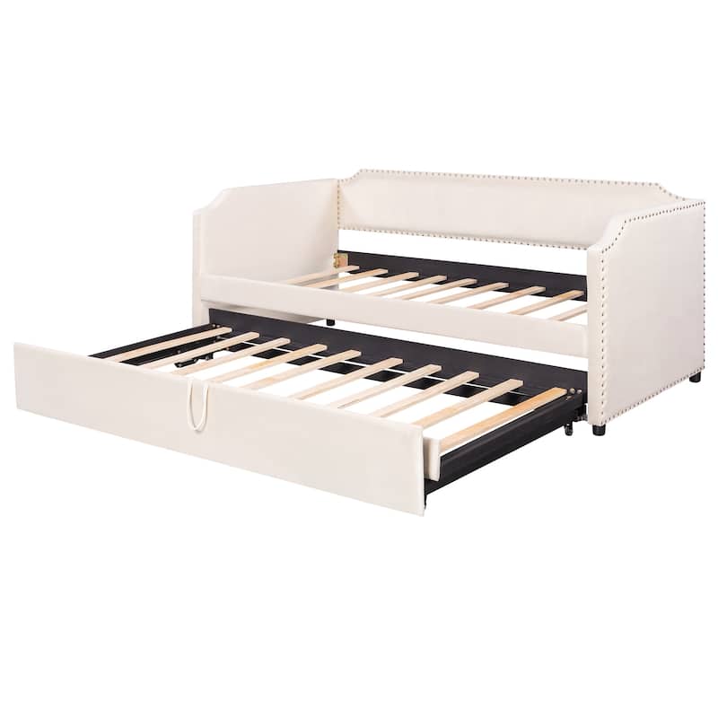 Velvet Twin Daybed with Elevating Pop-Up Trundle & Nailhead Trim by Harper&Bright Designs