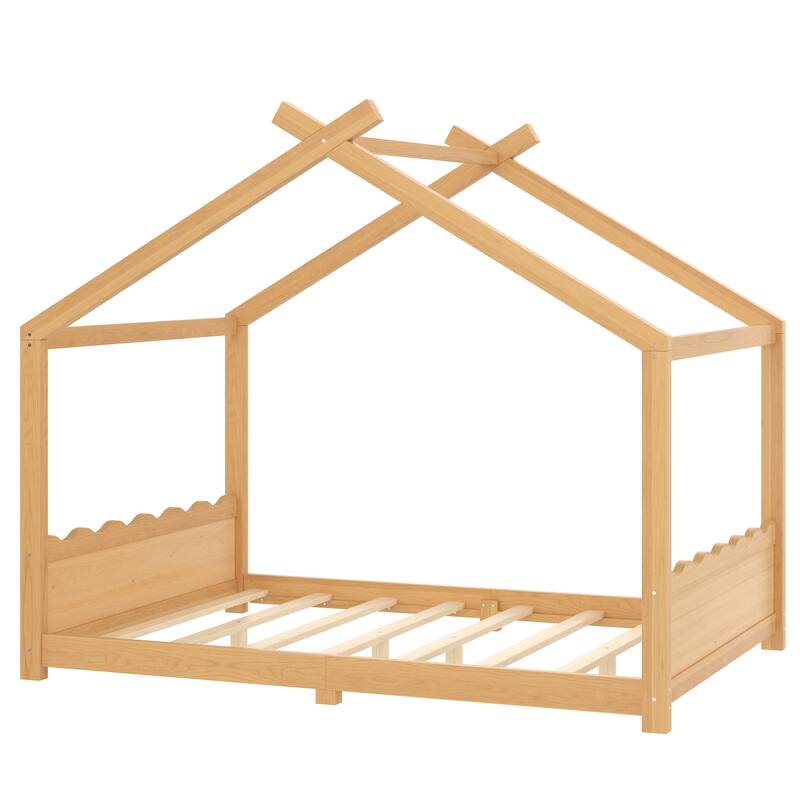 Full House Floor Bed with Support Slats, Solid Wood House Bed Frame for Kids, No Box Spring Needed