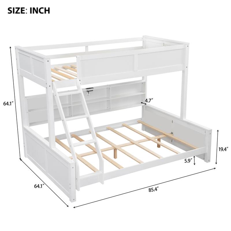 Twin XL over Queen Bunk Bed with Storage Cabinets and USB Ports, Antique White
