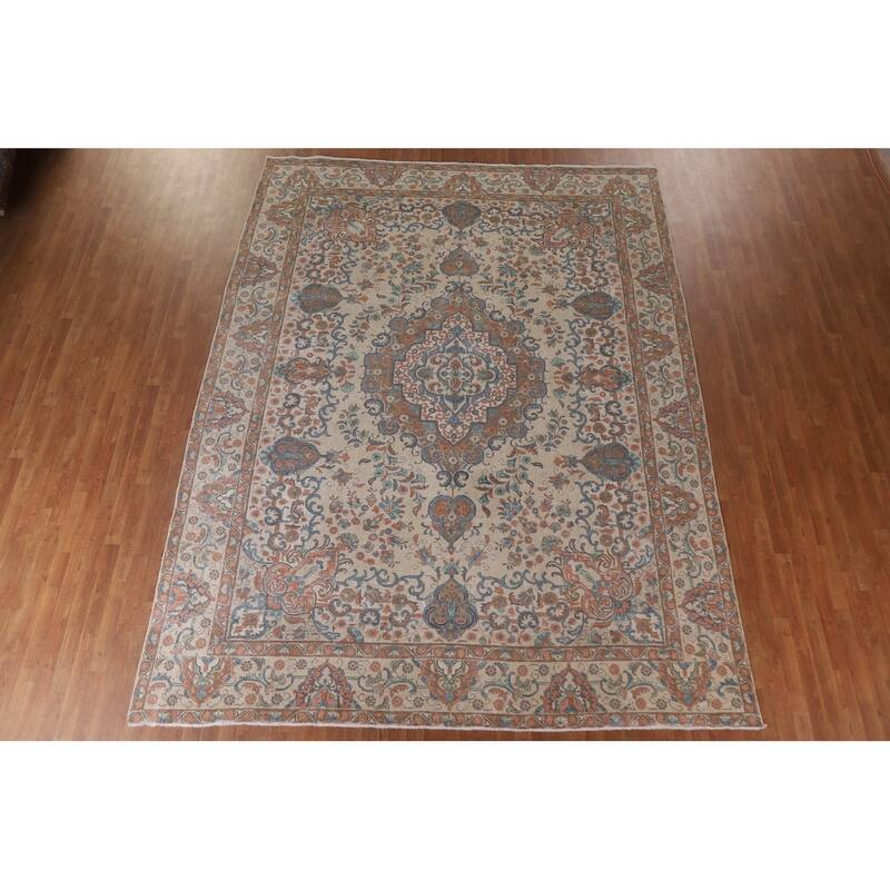 Hand Knotted Oriental 100% Wool Carpet Traditional Floral Beige & Ivories Tabriz Area Rug - 12' 9'' X 9' 9''