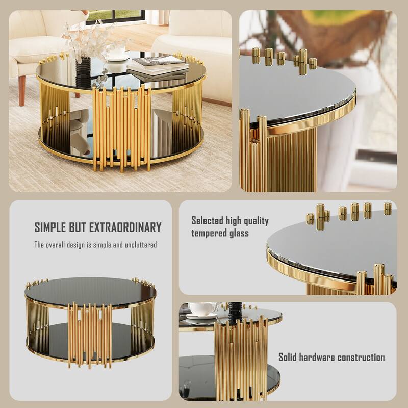 Modern Stainless Steel Coffee Table, Tempered Glass Top Cocktail Table, Round Accent Table Sofa Table for Living Room