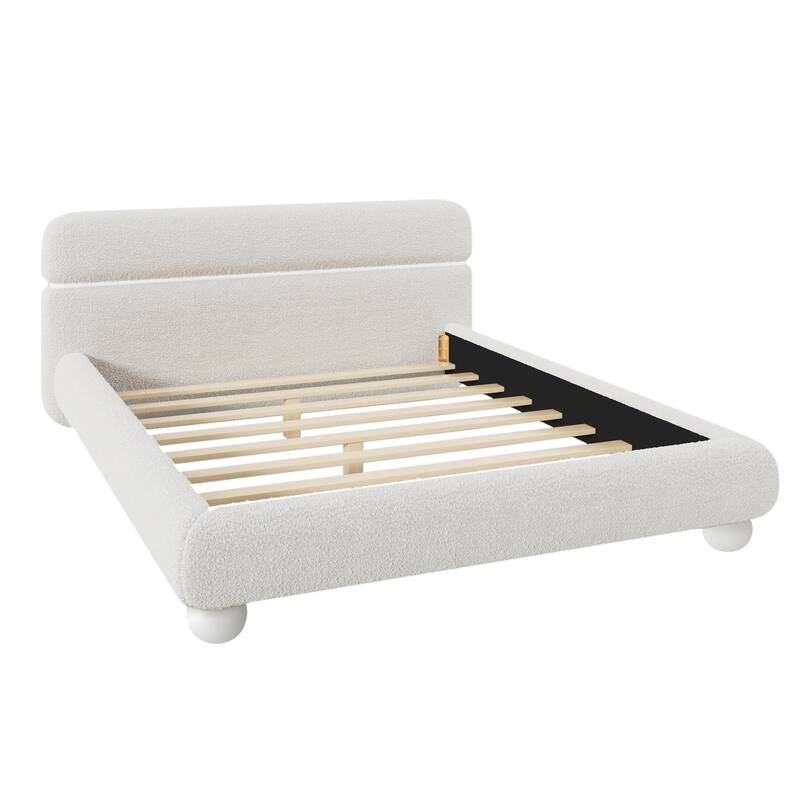 Queen Size Low Profile Upholstered Bed with Teddy Fleece Boucle Fabric and Solid Round Legs, Stylish Curve-Shaped Headboard