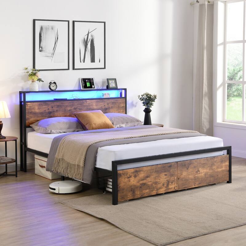 Metal Bed Frame with RGB LED Headboard, USB Charging Ports, Storage Drawers, and No-Noise Design, Full/Queen Size