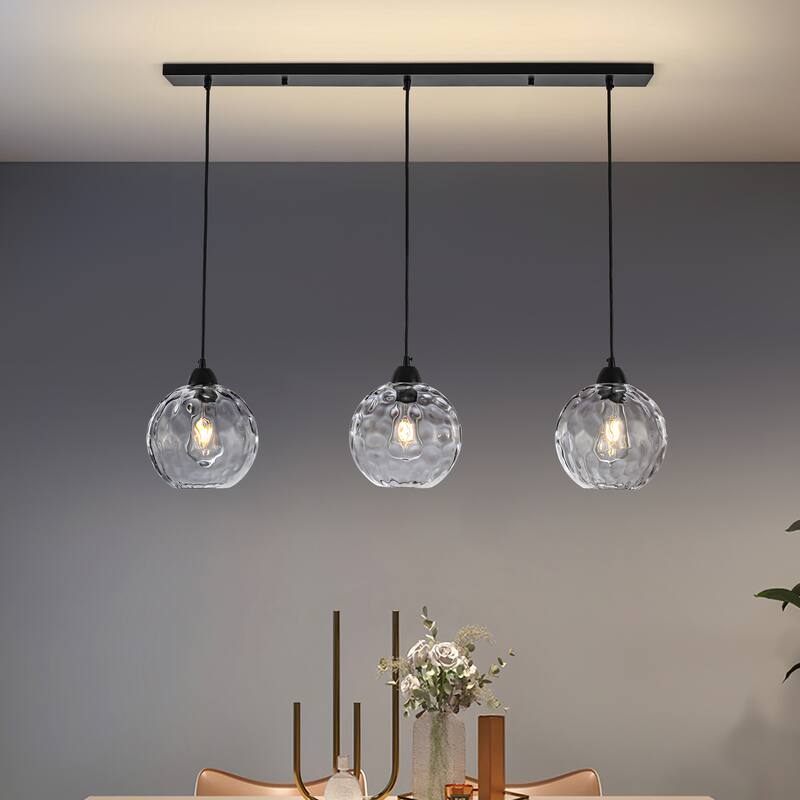 Modern Textured Glass Globe Pendant Light - Matte Black - 3-Light