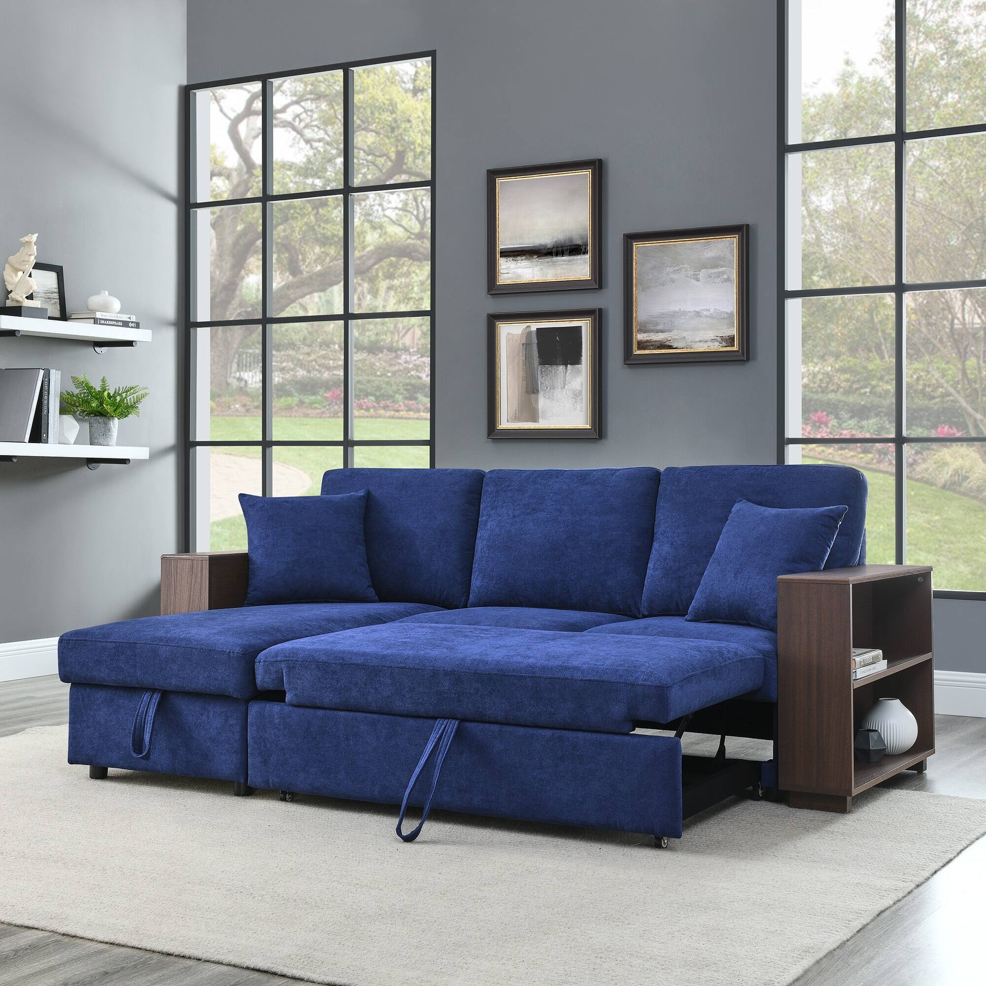 Navy Blue PullOut Bed Sectional Sofa with Reversible Chaise, Storage