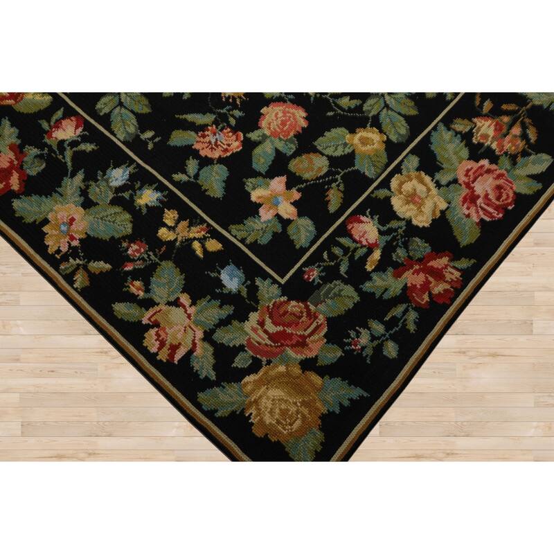 9x12 Hand Woven Wool Black Portugese Needlepoint Traditional Area Rug - 9' x 12'