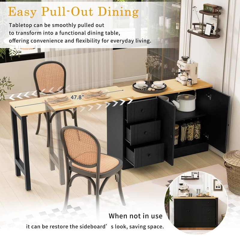 Multifunctional 89.7" Wooden Sideboard with Extendable Table and Storage for Living Room Organization