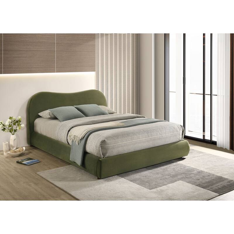 Contemporary Olive Green Curved Headboard Fully Upholstered Storage 1Pc Bed