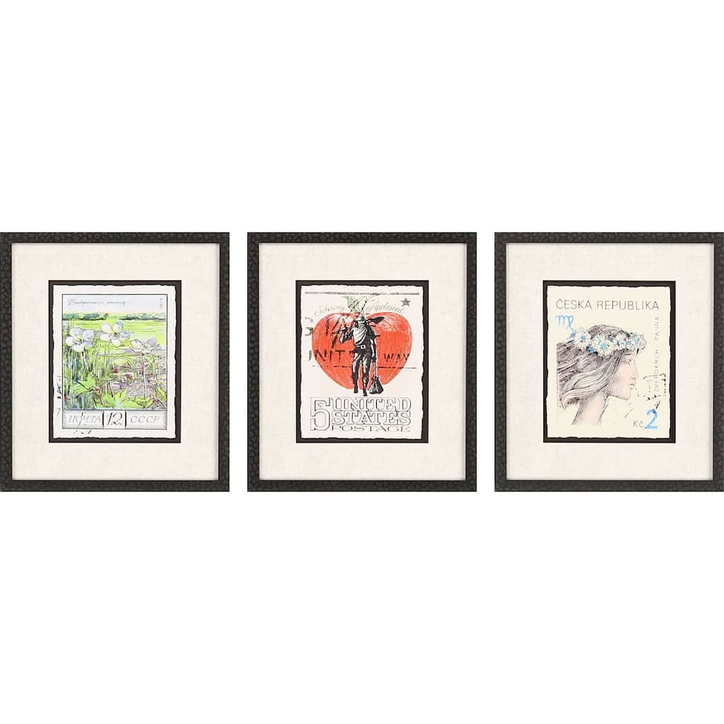 Vintage Stamps I S/3 Framed Art Exclusive Giclee Under Glass