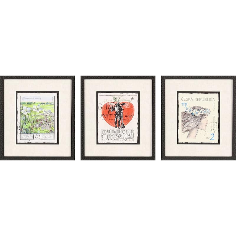 Vintage Stamps I S/3 Framed Art Exclusive Giclee Under Glass - 19 X 17 X 1