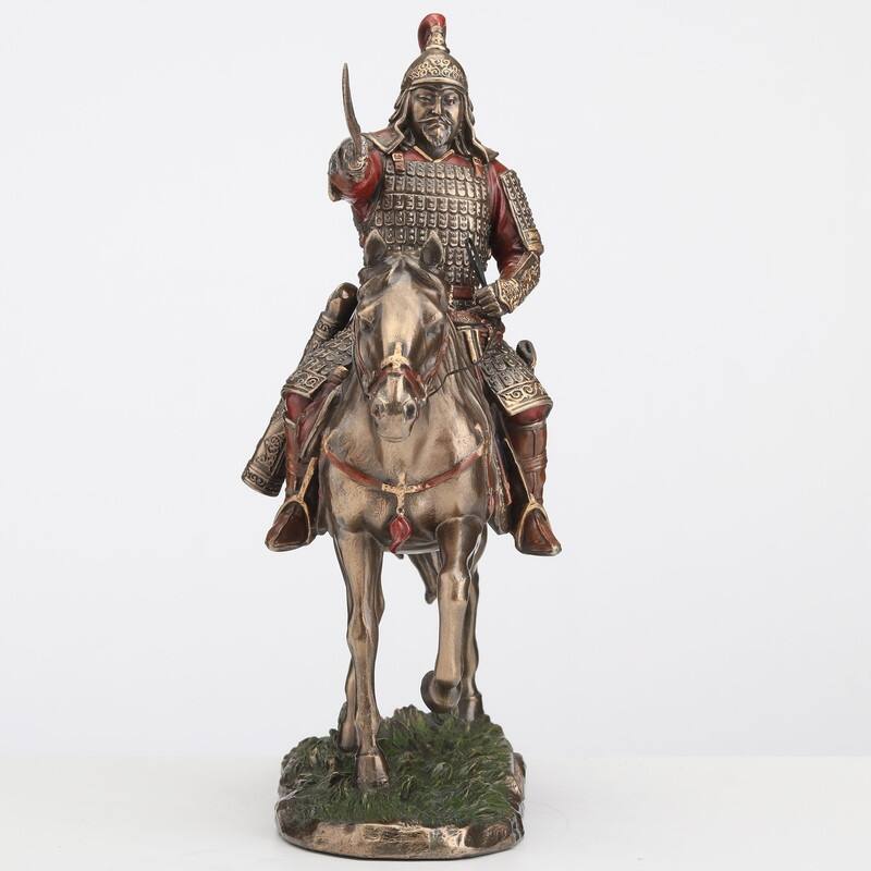 9.65 inches Width Cold Cast Bronze Genghis Khan on Horse Back Bronze Finish Figurine