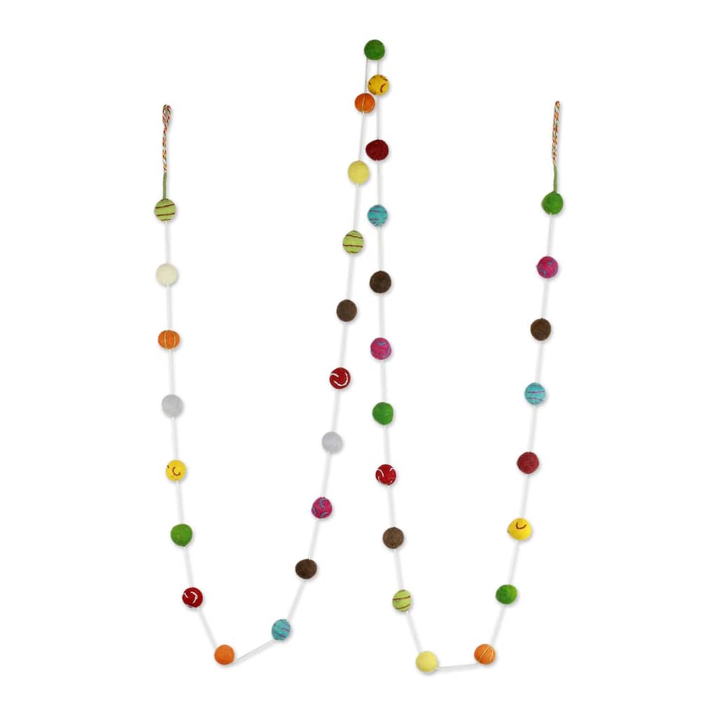 NOVICA Handcrafted Wool 'Gumdrop Pompoms' Christmas Tree Garland (India) - Multicolor - 9.67 ft. L x 0.08 ft. W