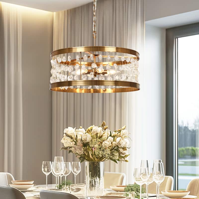 Modern 6-Light Crystal Beaded Drum Chandelier Gold Pendant for Dining Room Kitchen Island - D21.7" x H73.6"