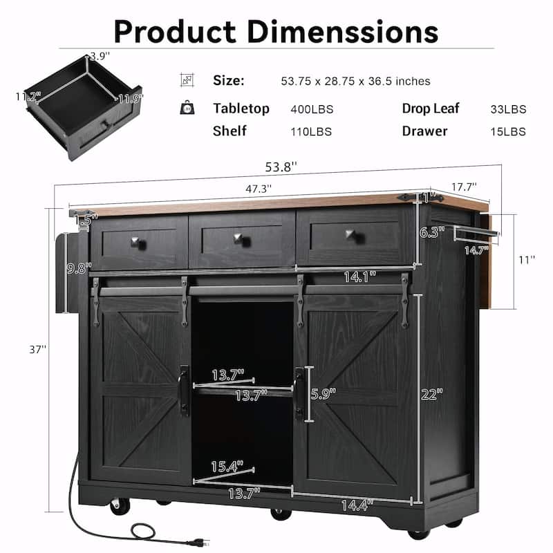 53.5'' Farmhouse Kitchen Island with Power Outlet, Drop Leaf, Spice Rack, Drawer, and Wheels