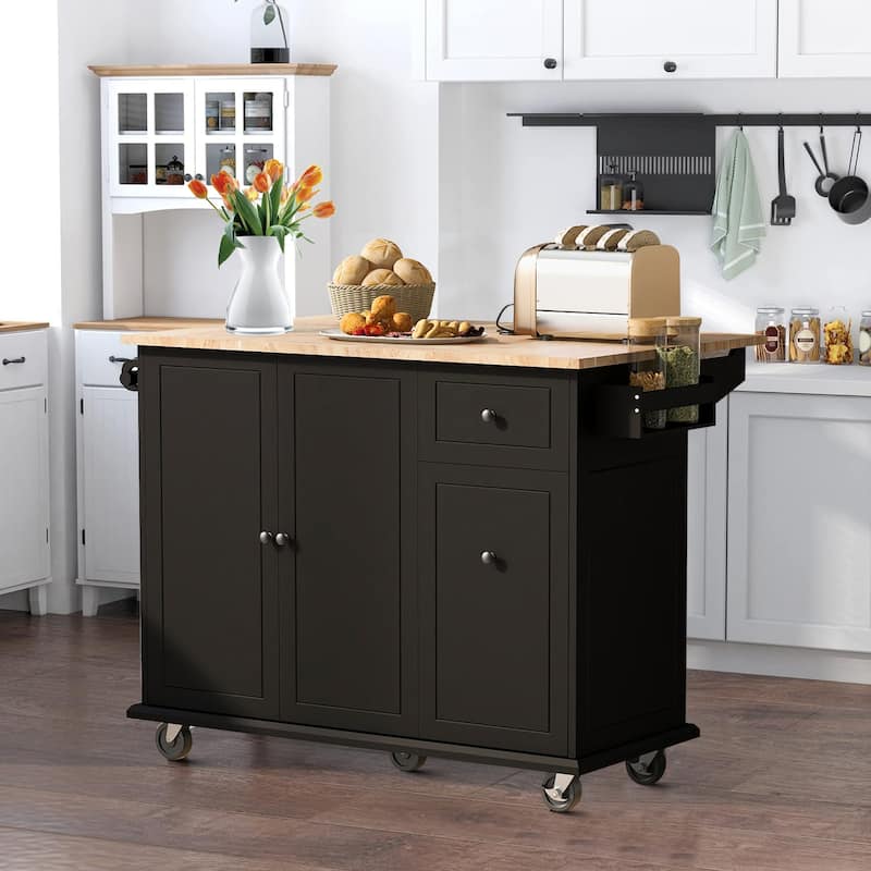 Modern Stylish Wooden Storage Kitchen Island Cart with a Drop Leaf - Black