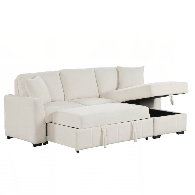 L-Shaped Sectional Sleeper Sofa with Reversible Storage Chaise, Drop-Down Center Back Cushion with Dual Cup Holders