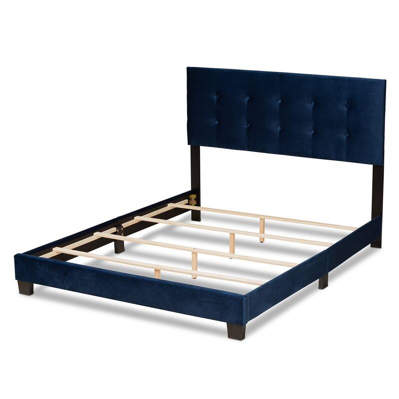 Queen Size Velvet Upholstered Bed - Navy Blue Panel Bed, Button Tufted Headboard, Sturdy Bedroom Bed Frame